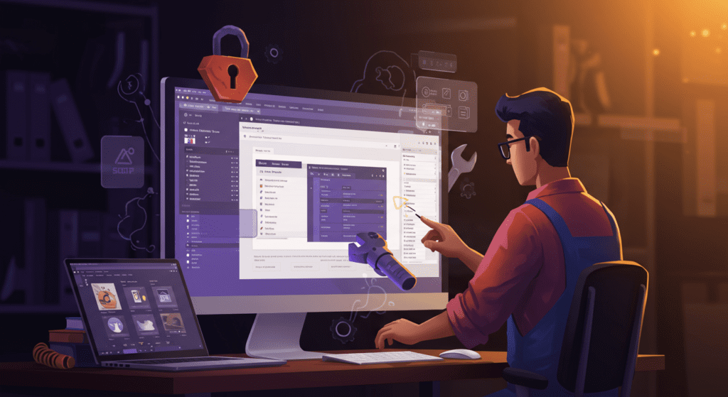 Profissional realizando manutenção em site WordPress com ferramentas digitais, focando na segurança e desempenho.