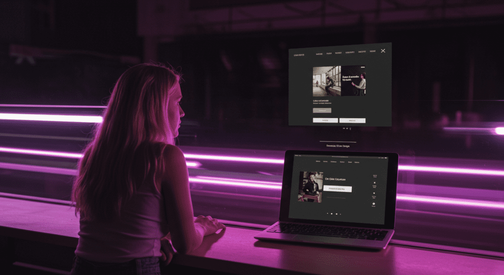 Mulher observando layout de site moderno em laptop com iluminação futurista roxa ao fundo.