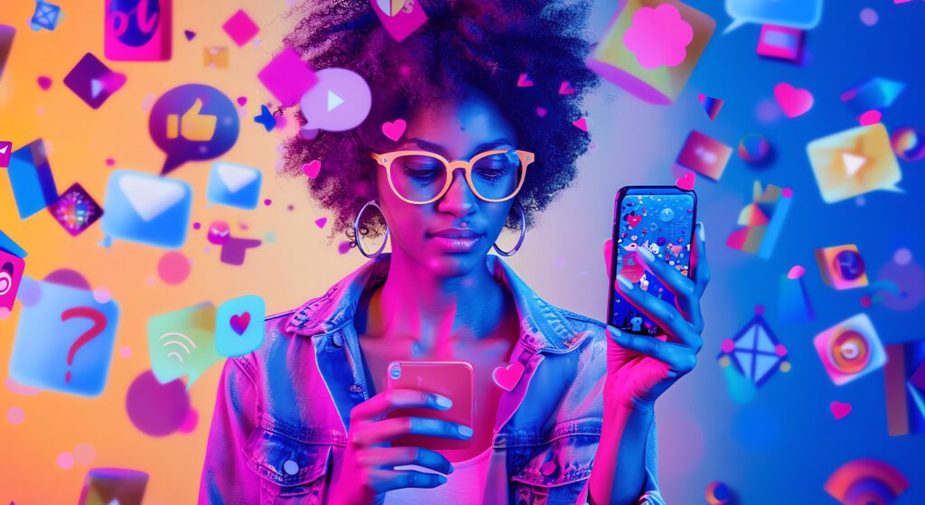 Jovem segurando dois smartphones, cercada por ícones coloridos de redes sociais em um ambiente vibrante, representando a interação digital e as tendências das mídias sociais em 2025. Studio Bolt
