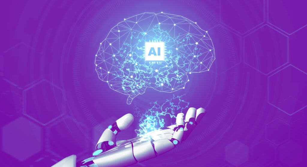 Ilustração de uma mão robótica interagindo com um cérebro digital, simbolizando a integração da inteligência artificial com processos criativos e estratégicos no marketing, design e redes sociais. Studio Bolt.