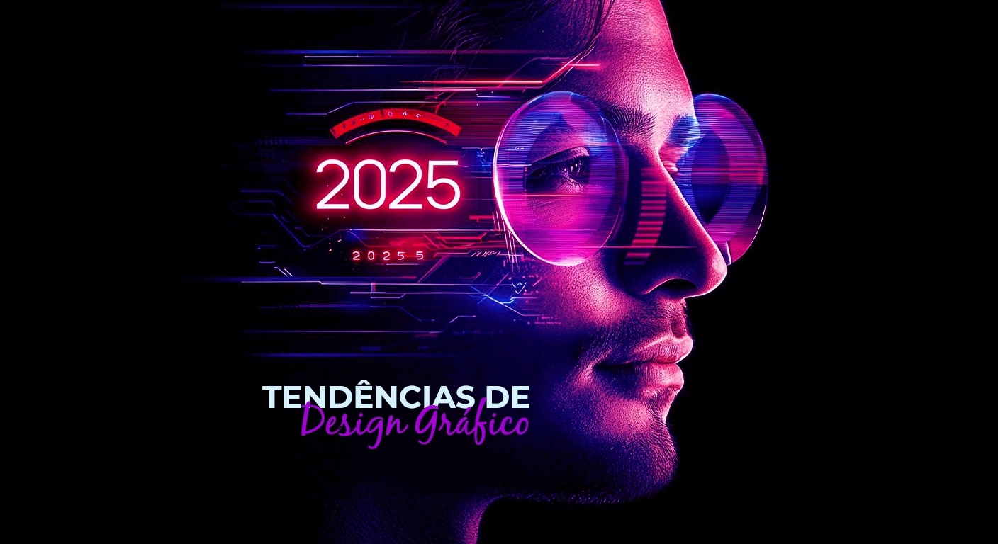 Tendências de design gráfico 2025 com elementos futuristas, cores vibrantes e tipografia moderna em composição Inteligência Artificial (IA)