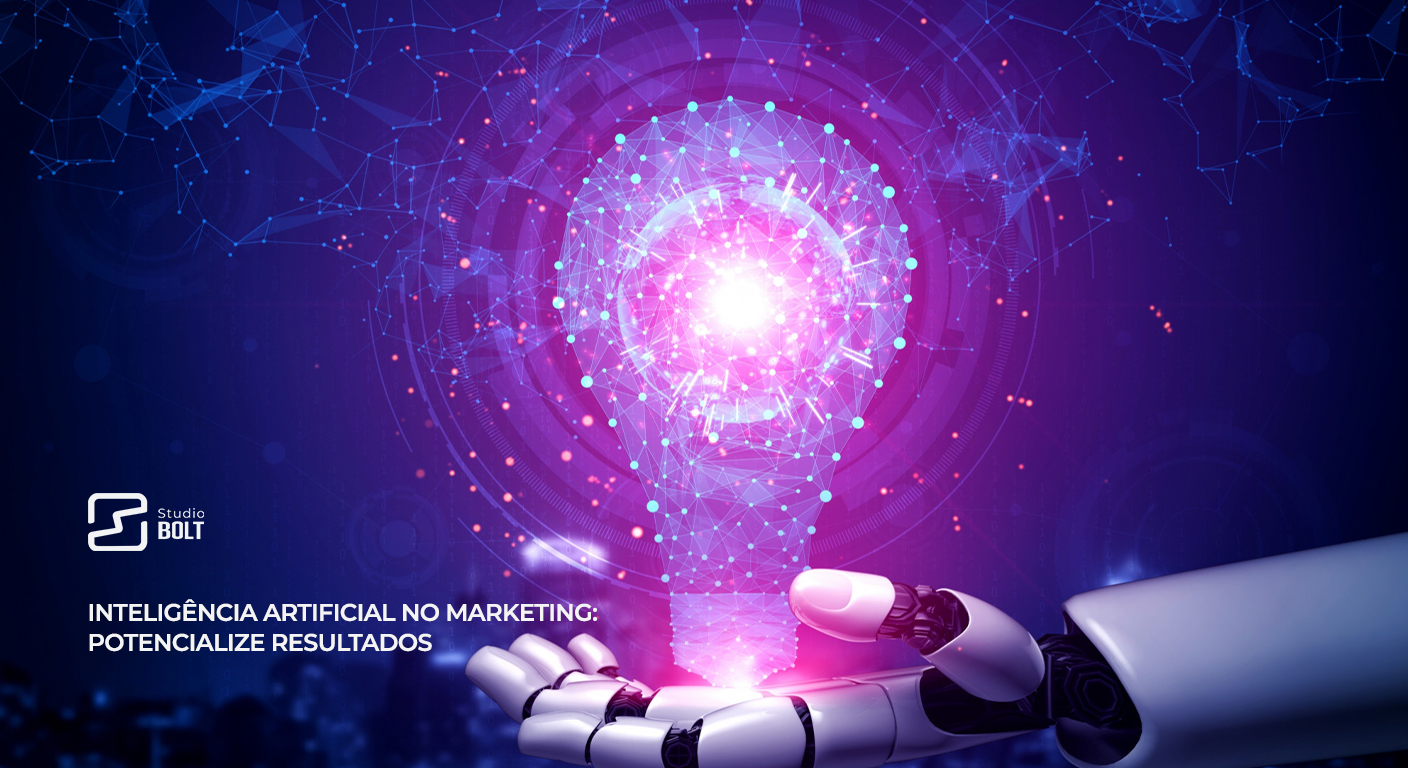 Ilustração de inteligência artificial no marketing, mostrando integração de tecnologia para criação de conteúdo e automação de campanhas.