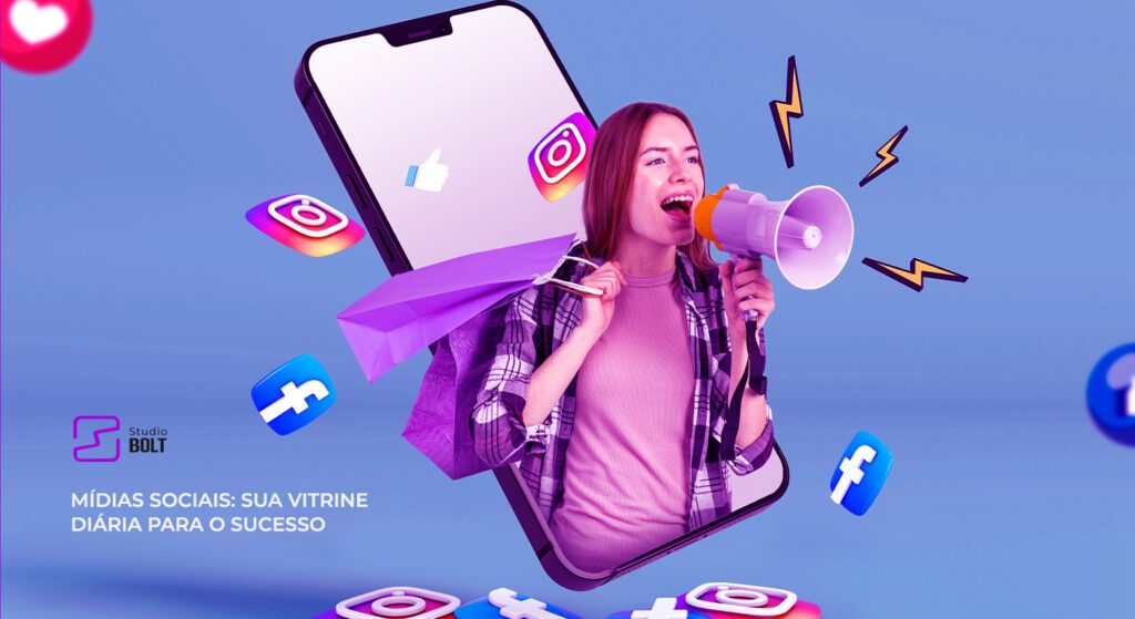 Mulher jovem usando megafone com ícones de mídias sociais Instagram e Facebook flutuando ao redor de smartphone, representando estratégias de marketing digital