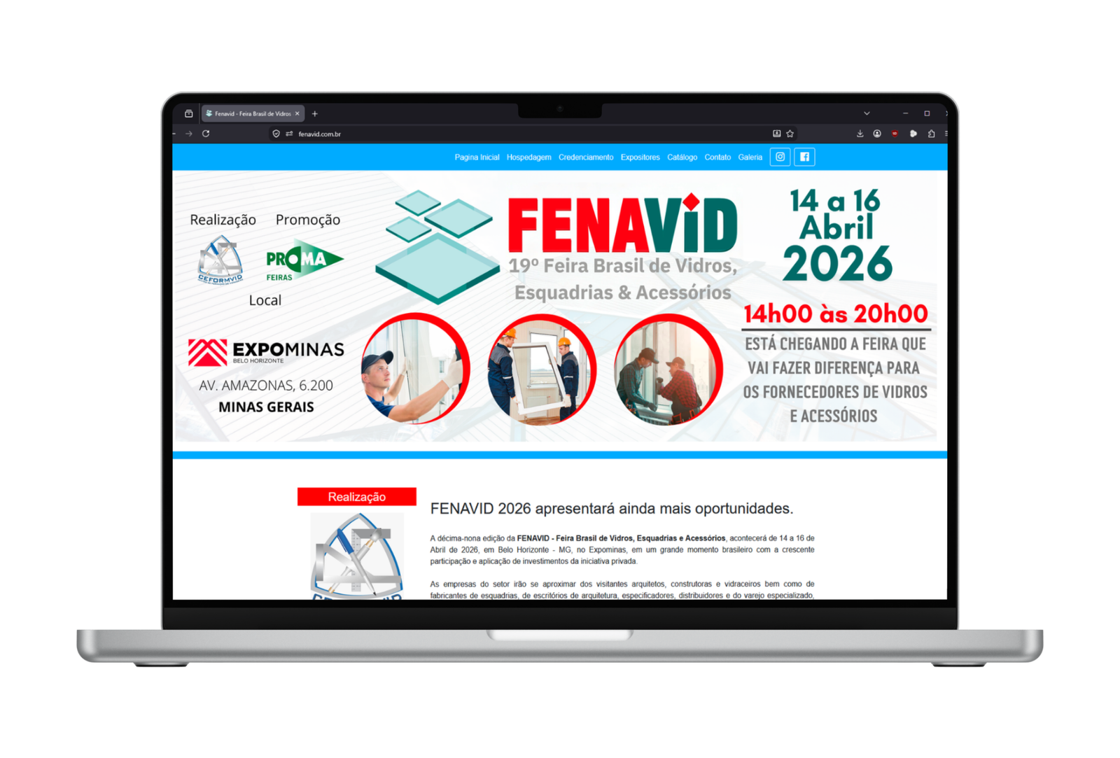 Site da Fenavid exibido em notebook, Feira Brasil de Vidros, Esquadrias e Acessórios.